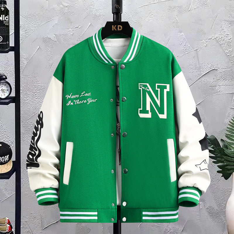 Letter Print Color Block Jacket Ins Fashion Loose Button Round Neck Baseball Coat Top For Men - ShopWithusMarket