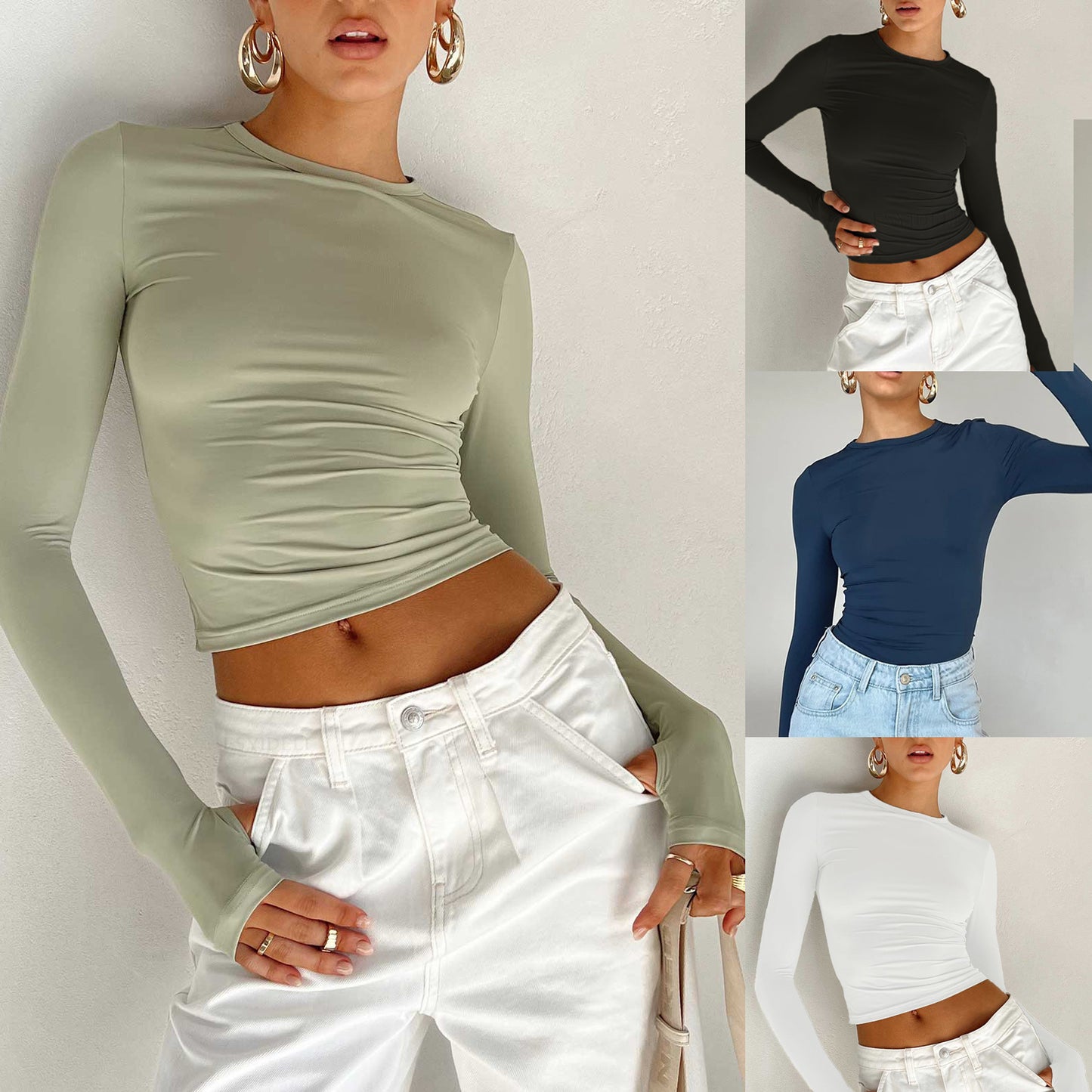 New Women's Solid Color Base Round Neck Long Sleeve Top Women - ShopWithusMarket