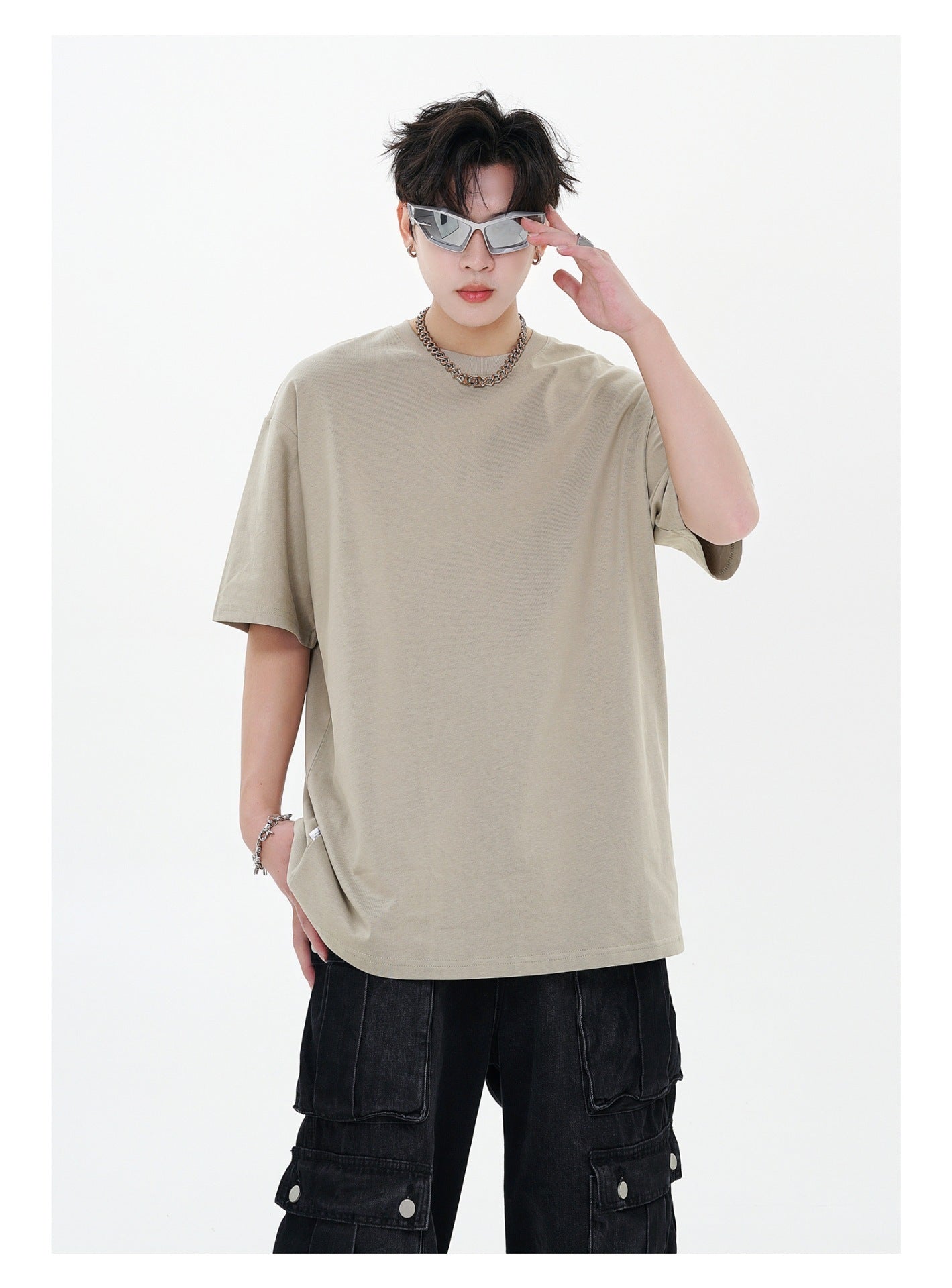 280g Pure Cotton Solid Color Short Sleeve American Casual Loose Shoulder T-shirt - ShopWithusMarket