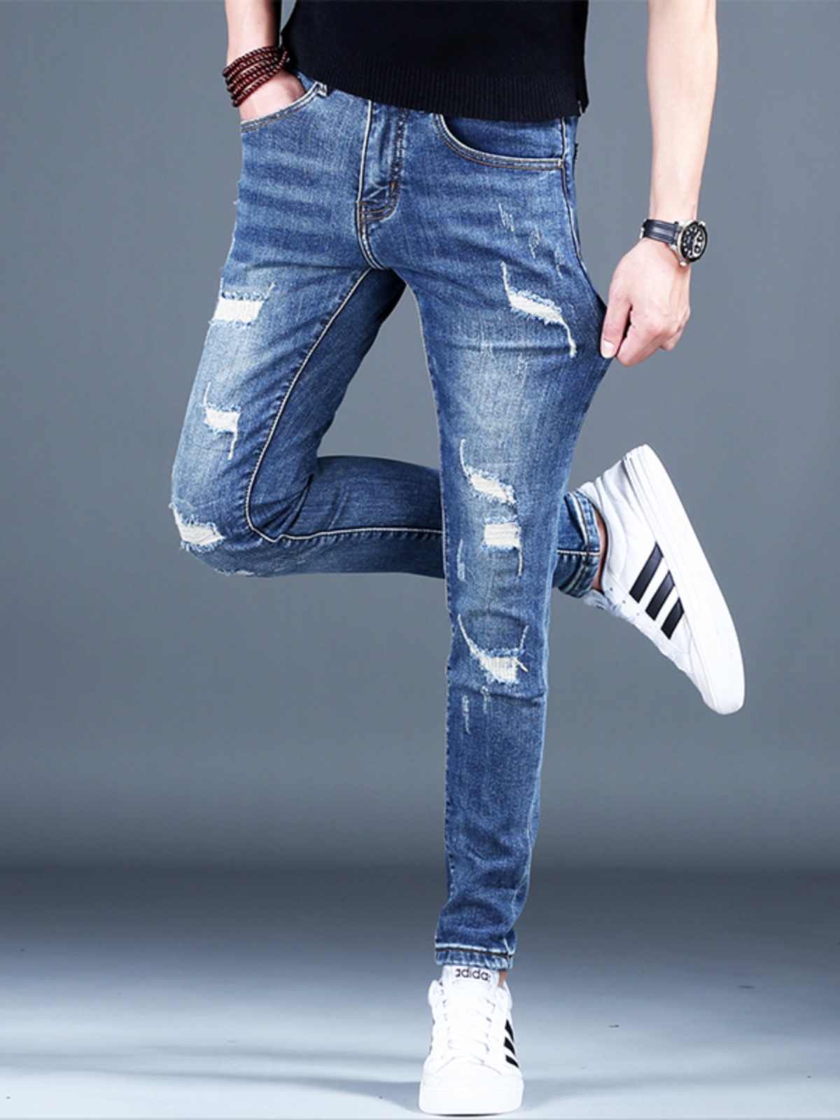 Ripped Fleece Padded Jeans Men's Stretch Casual Slim-fit Pants - ShopWithusMarket