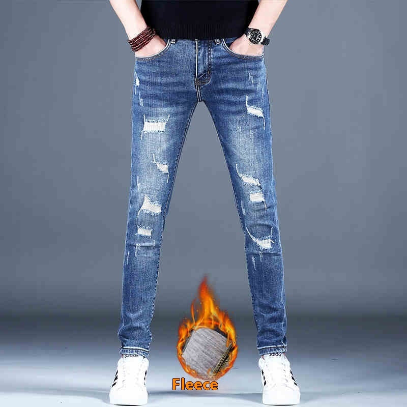 Ripped Fleece Padded Jeans Men's Stretch Casual Slim-fit Pants - ShopWithusMarket