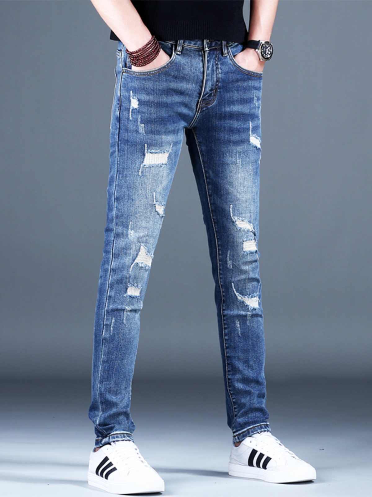 Ripped Fleece Padded Jeans Men's Stretch Casual Slim-fit Pants - ShopWithusMarket