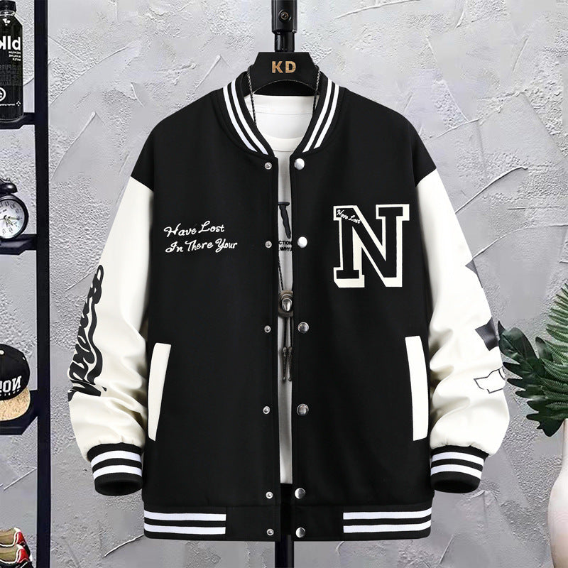 Letter Print Color Block Jacket Ins Fashion Loose Button Round Neck Baseball Coat Top For Men - ShopWithusMarket