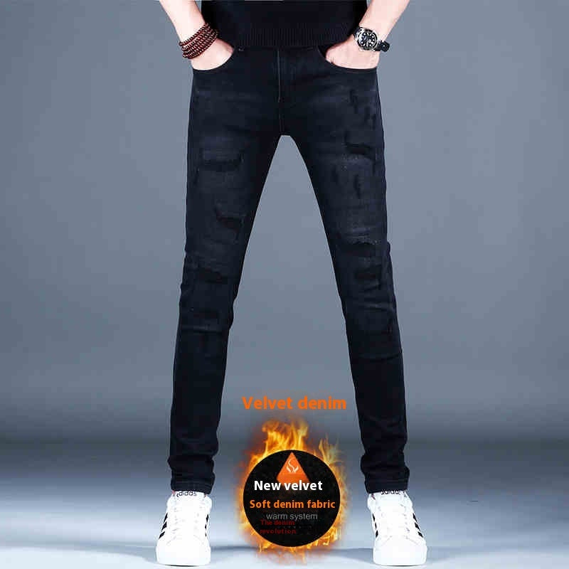 Ripped Fleece Padded Jeans Men's Stretch Casual Slim-fit Pants - ShopWithusMarket