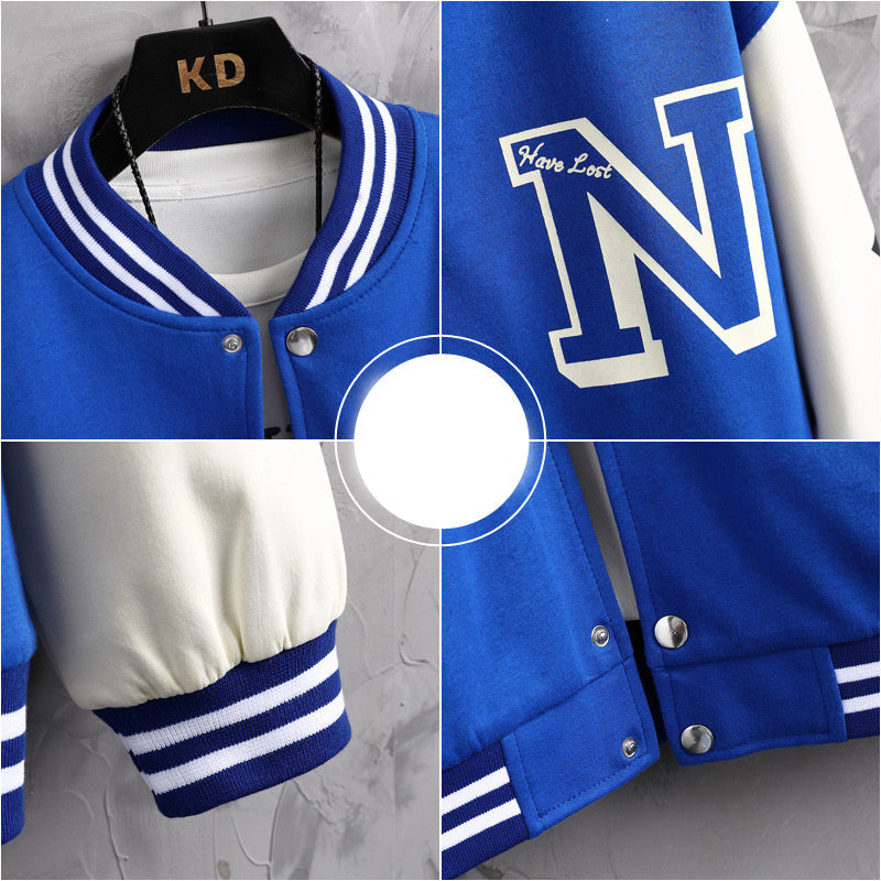 Letter Print Color Block Jacket Ins Fashion Loose Button Round Neck Baseball Coat Top For Men - ShopWithusMarket