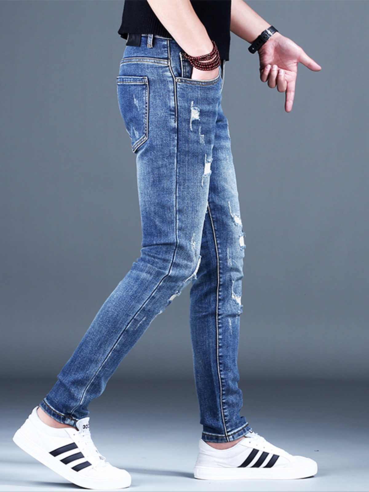 Ripped Fleece Padded Jeans Men's Stretch Casual Slim-fit Pants - ShopWithusMarket