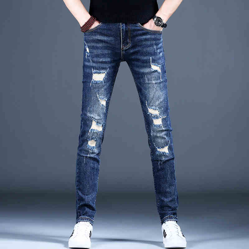 Ripped Fleece Padded Jeans Men's Stretch Casual Slim-fit Pants - ShopWithusMarket