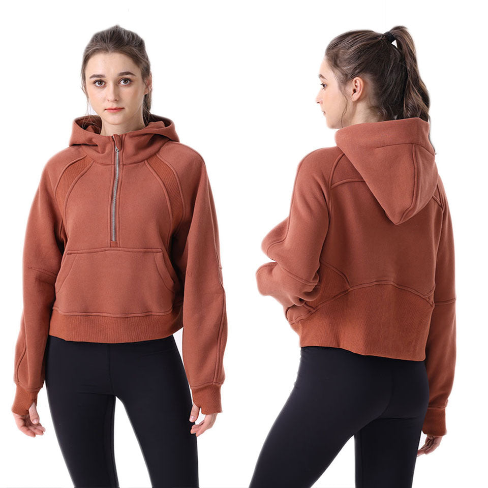 Women's Sports Half Zipper Hooded Sweatshirt Loose Autumn And Winter Anti-wrinkle Fleece Lock Warm Fitness Coat Top - ShopWithusMarket